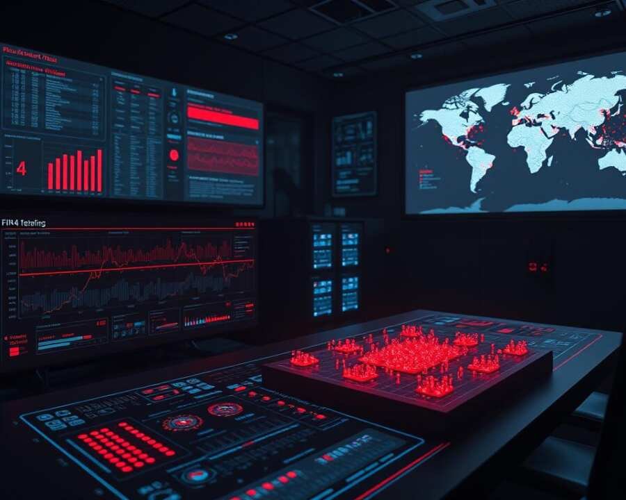 A dimly lit cybersecurity control room, with multiple holographic screens displaying data visualizations and network topologies. In the foreground, a sleek, high-tech dashboard showcases a timeline of recent cyber attacks attributed to the FIN4 hacker group, highlighted by red flashing icons and intricate data graphs. The middle ground features a 3D model of a data center, its servers pulsing with activity, surrounded by cascading lines of code. In the background, a large projection screen displays a world map, with clusters of attack locations marked by pulsing red dots. The overall atmosphere is tense and foreboding, conveying the gravity and complexity of the FIN4 threat.