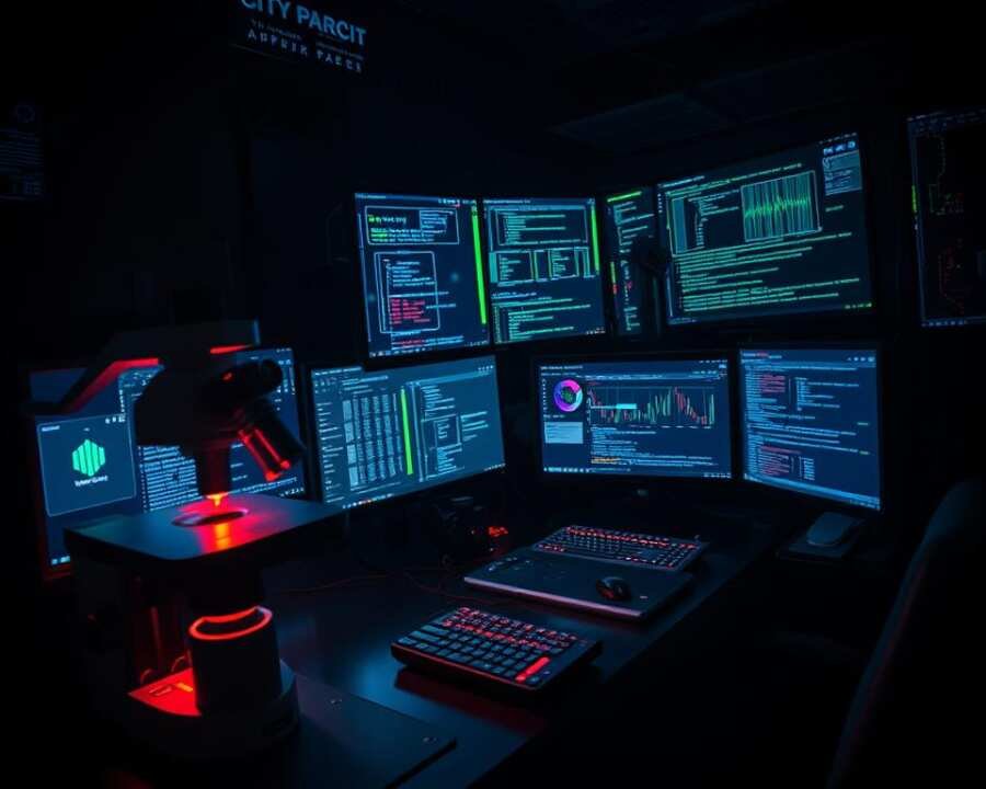 A dimly lit cybersecurity lab, filled with the tools of the malware analyst's trade. In the foreground, a high-resolution microscope peers intently at the intricate circuits of a suspicious device. Beside it, a bank of monitors display real-time data streams and complex visualizations, the glow of the screens casting an eerie light across the scene. In the middle ground, a sleek desktop workstation, its multiple displays showcasing various malware analysis utilities - debuggers, disassemblers, and network sniffers. The background is shrouded in shadow, hinting at the unknown malware threats that lurk in the digital underworld, waiting to be uncovered and understood by the diligent researcher. The overall mood is one of focused intensity, a high-tech sanctuary dedicated to the relentless pursuit of cybersecurity knowledge.