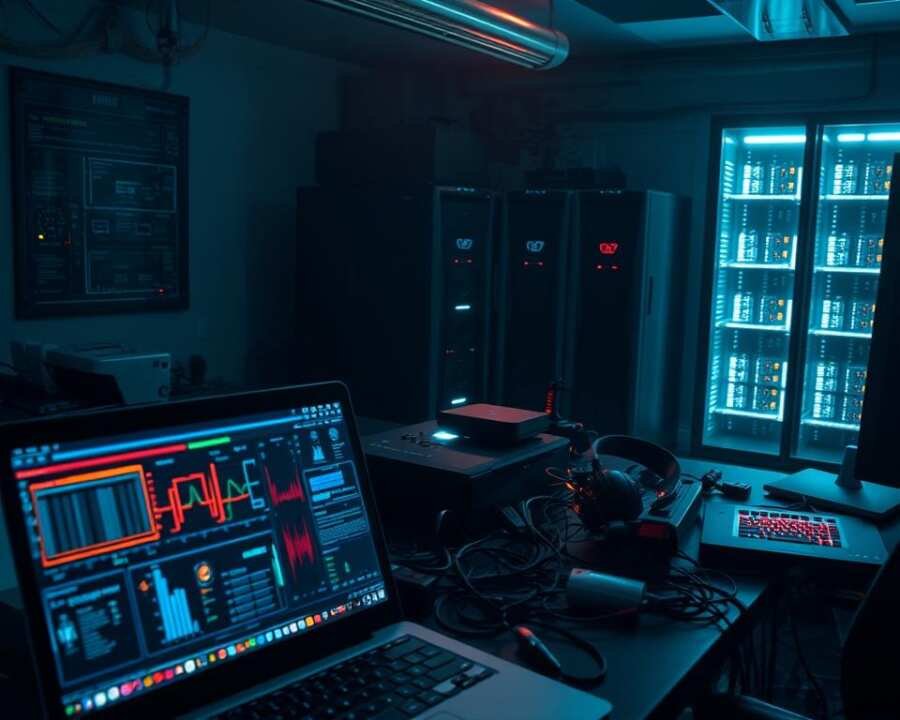 A dimly lit cybersecurity lab, with an array of high-tech tools and devices scattered across a cluttered workbench. In the foreground, a laptop screen displays a complex dashboard of network monitoring software, its visualization pulsing with real-time data. Sleek, angular desktop computers and modular server racks fill the middle ground, their blinking LED lights casting an eerie glow. The background is obscured by shadows, hinting at the unseen threats and vulnerabilities that the cybersecurity experts must uncover and defend against. The atmosphere is tense, focused, and heavy with the weight of the task at hand - analyzing the latest tactics and malware used by the FIN7 hacker group. A dimly lit cybersecurity lab, with an array of high-tech tools and devices scattered across a cluttered workbench. In the foreground, a laptop screen displays a complex dashboard of network monitoring software, its visualization pulsing with real-time data. Sleek, angular desktop computers and modular server racks fill the middle ground, their blinking LED lights casting an eerie glow. The background is obscured by shadows, hinting at the unseen threats and vulnerabilities that the cybersecurity experts must uncover and defend against. The atmosphere is tense, focused, and heavy with the weight of the task at hand - analyzing the latest tactics and malware used by the FIN7 hacker group.
