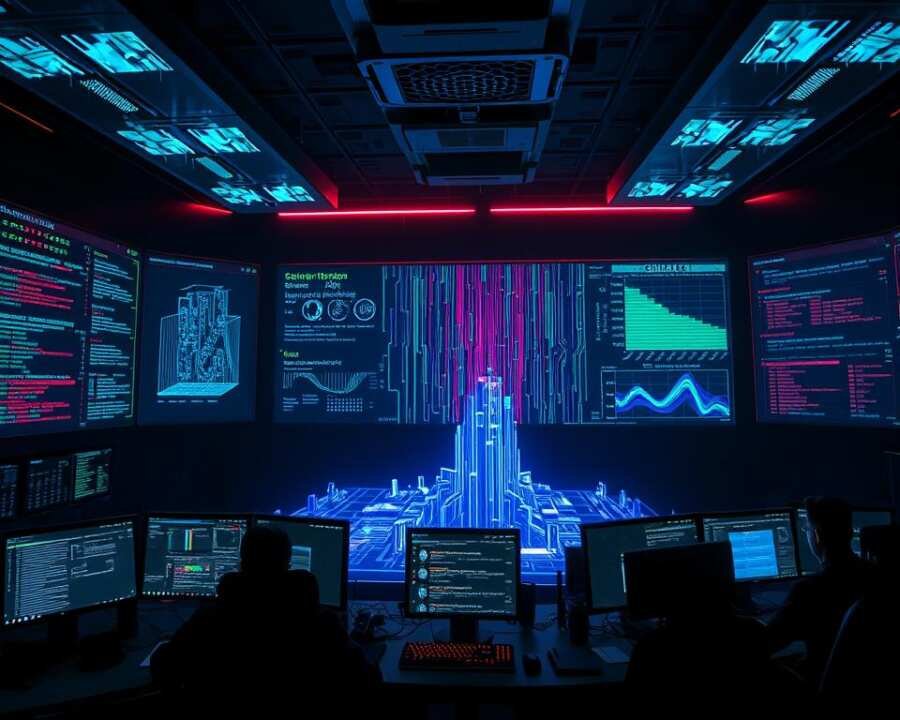 A dimly lit cybersecurity operations center, with multiple high-resolution displays showcasing intrusion detection data, network traffic analysis, and threat intelligence feeds. Glowing blue and green holograms hover above the desks, offering granular visibility into malicious activity. Cybersecurity analysts in futuristic workstations meticulously monitor the information, their faces illuminated by the glow of the screens. An imposing 3D model of the Chimera hacker group's known infrastructure and attack vectors dominates the central display, casting an ominous presence over the scene. The atmosphere is tense yet focused, as the team works to stay one step ahead of the evolving threat.