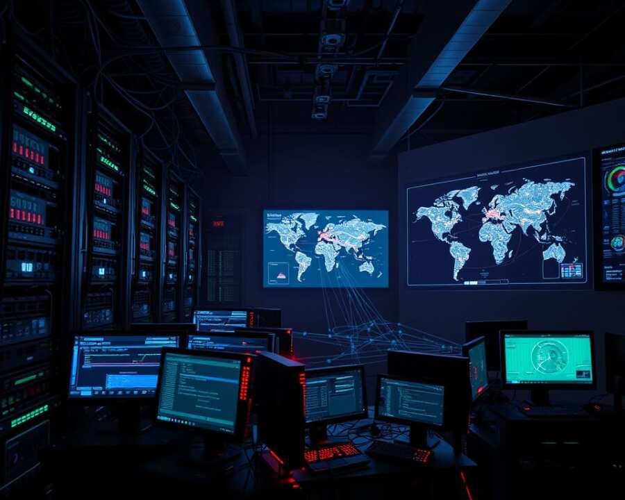 A dimly lit data center filled with server racks and network equipment. In the foreground, a cluster of computers with glowing displays depicting network traffic, security alerts, and real-time monitoring dashboards. The middle ground features a network diagram with segmented zones, firewalls, and intrusion detection sensors. In the background, a large wall-mounted display shows a global map with pulsing nodes representing remote connections, highlighting the interconnected nature of the network. The scene conveys a sense of vigilance and control, emphasizing the importance of network segmentation and proactive monitoring in safeguarding against cyber threats.