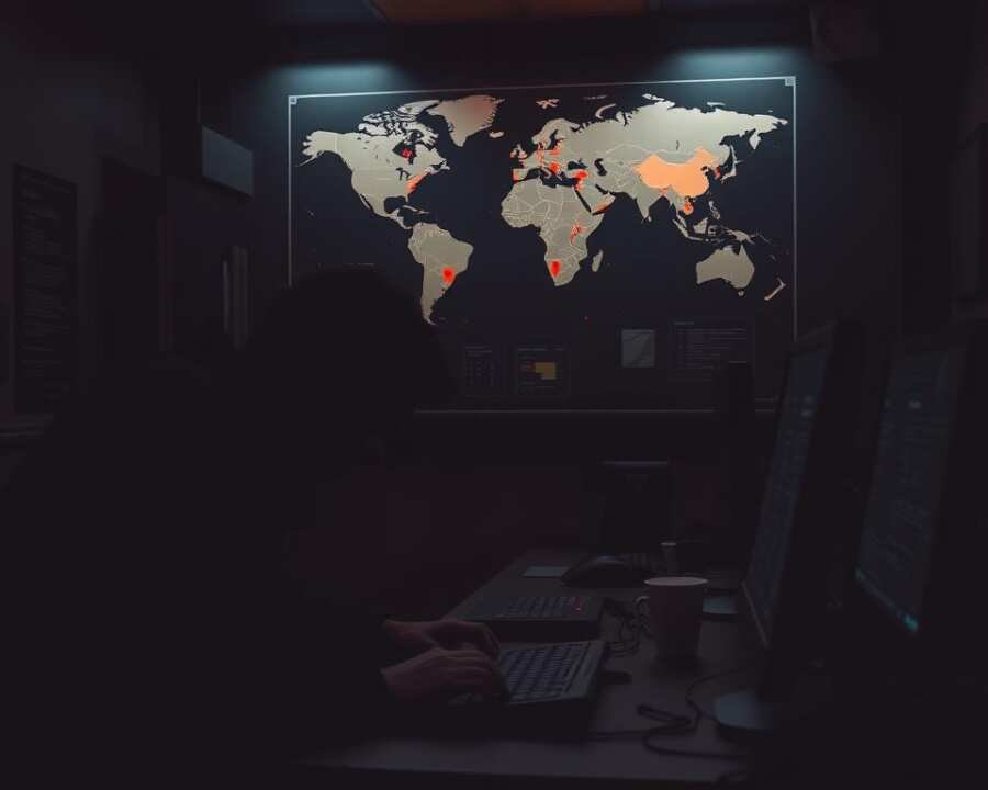 A dimly lit government office, the air thick with tension. In the foreground, a shadowy figure hunched over a desk, fingers flying across a keyboard. Screens flicker with lines of code and classified data. In the middle ground, a world map on the wall, dotted with red pins marking locations of interest. Muted lighting casts a somber glow, heightening the sense of secrecy and high-stakes espionage. The background is shrouded in darkness, hinting at the unseen forces at play. The scene conveys the covert nature of government surveillance tactics, the relentless pursuit of intelligence, and the grave consequences of uncovering sensitive information.