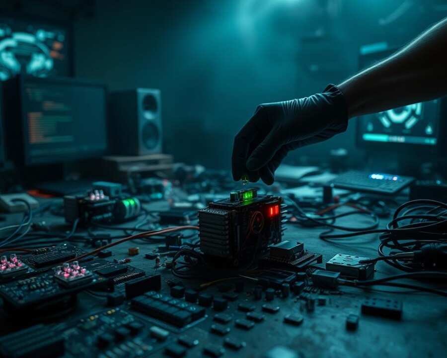 A dimly lit, gritty cyberpunk laboratory. On a cluttered workbench, various modular malware components lie scattered - printed circuit boards, wires, LEDs, and microchips. In the foreground, a pair of gloved hands delicately assemble these disparate parts into a cohesive whole, creating a new, adaptable strain of malicious software. The background is hazy, with blurred holographic displays and the faint glow of monitors, casting an ominous, technological atmosphere. The lighting is moody, with deep shadows and highlights that accentuate the mechanical complexity of the malware plugins. An air of secretive, clandestine innovation permeates the scene.