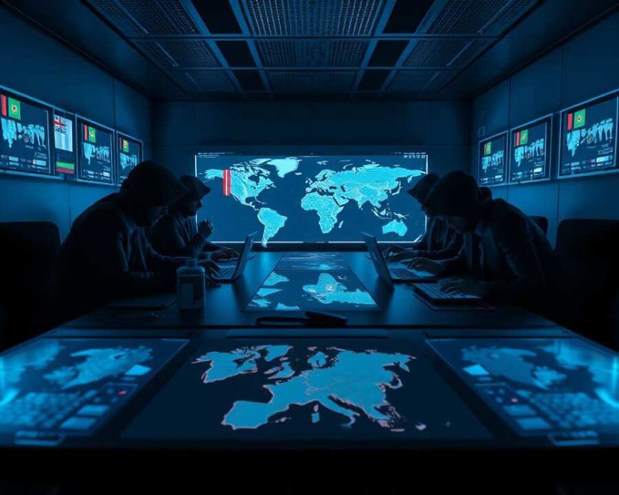 A dimly lit, high-security computer room with a central table displaying holographic displays of international flags and digital maps. Around the table, shadowy figures in suits and ties, their faces obscured, lean in with intense focus, hands poised over keyboards and touchscreens. The room is bathed in an eerie blue glow, creating an atmosphere of tension and espionage. The scene is shot from a low angle, emphasizing the power and authority of the figures. The overall impression is one of covert, diplomatic cyber operations targeting key global institutions and assets.