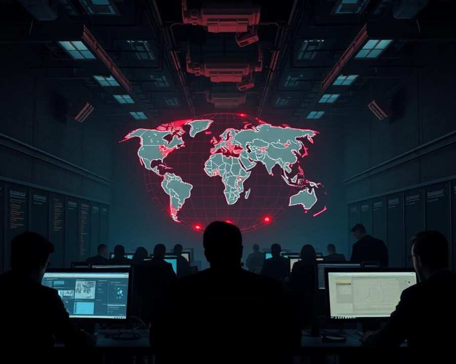 A dimly lit, high-security corporate office. Shadowy figures at computer terminals, brows furrowed in concentration. Overhead, a network of surveillance cameras tracks their every move. In the center, a stylized holographic display depicts a global threat map, red icons pulsing ominously. The scene is tense, charged with a sense of unease and the weight of sensitive information at risk. Crisp, high-contrast lighting emphasizes the gravity of the situation, while the muted color palette and angular architecture convey a sense of power and authority under threat. This is the domain of the high-value cyber espionage victim, a world of sensitive data, advanced security measures, and the constant specter of digital intrusion.