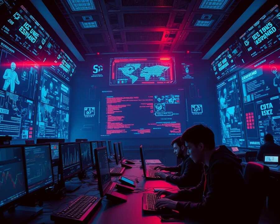 A dimly lit, high-tech command center, the walls adorned with holographic displays showcasing intricate cyberattack data. In the foreground, a team of analysts frantically typing on their keyboards, their expressions tense as they attempt to mitigate the unfolding crisis. The middle ground features a large central screen, projecting vivid visualizations of network breaches, data leaks, and system malfunctions. The background is shrouded in an ominous, foreboding atmosphere, with subtle glitches and corrupted visual artifacts hinting at the far-reaching impact of the cyber attack. The lighting is a mix of cool, eerie blues and reds, creating a sense of urgency and unease. The entire scene conveys the gravity of the situation, the desperation of the organization's response, and the devastating consequences of a successful cyber attack.