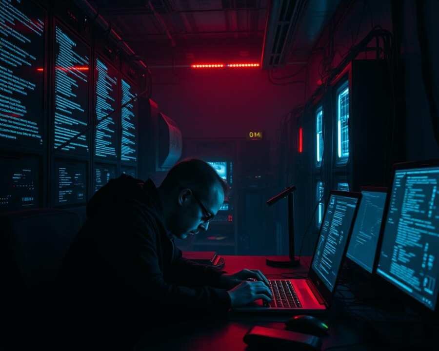 A dimly lit, high-tech command center. In the foreground, a lone hacker hunched over a laptop, fingers flying across the keyboard. Holographic displays cast an eerie glow, revealing lines of code and encrypted data streams. In the middle ground, a tangle of wires and server racks, their blinking lights casting shadows across the room. The background shrouded in darkness, hinting at the global reach of this covert cyber operation. Tension and determination permeate the scene, as the hacker delves deeper into the digital underworld, uncovering secrets and breaching secure networks. An atmosphere of technological sophistication and clandestine purpose.