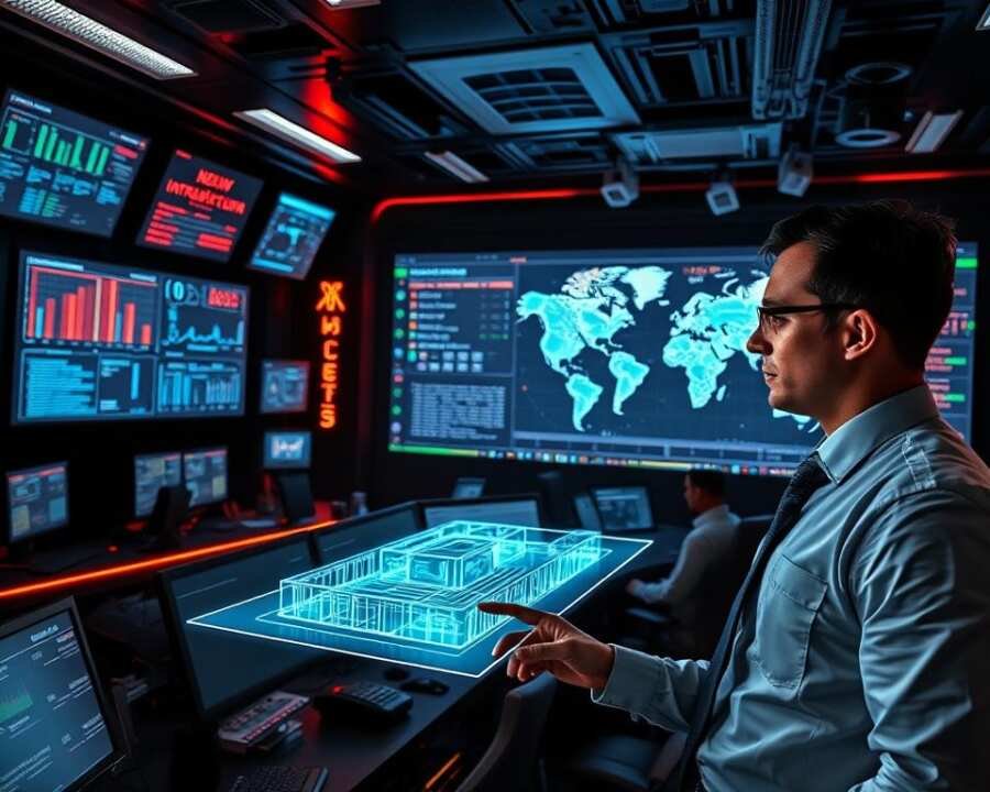 A dimly lit, high-tech control room with an array of monitors and screens displaying various cybersecurity metrics and visualizations. In the foreground, a security analyst dressed in a crisp white shirt and tie examines a holographic 3D model of a network infrastructure, gesturing towards it with a laser pointer. The middle ground features a team of cybersecurity experts collaborating at sleek, futuristic workstations, their faces illuminated by the glow of their displays. In the background, a vast, expansive wall-sized display shows a global cybersecurity threat map, pulsing with real-time alerts and notifications. The atmosphere is one of serious focus and determination, conveying the gravity of infrastructure security policies and the importance of proactive threat mitigation. A dimly lit, high-tech control room with an array of monitors and screens displaying various cybersecurity metrics and visualizations. In the foreground, a security analyst dressed in a crisp white shirt and tie examines a holographic 3D model of a network infrastructure, gesturing towards it with a laser pointer. The middle ground features a team of cybersecurity experts collaborating at sleek, futuristic workstations, their faces illuminated by the glow of their displays. In the background, a vast, expansive wall-sized display shows a global cybersecurity threat map, pulsing with real-time alerts and notifications. The atmosphere is one of serious focus and determination, conveying the gravity of infrastructure security policies and the importance of proactive threat mitigation.