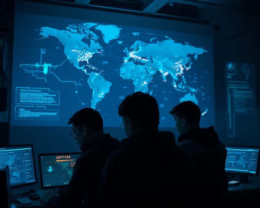 A dimly lit, high-tech control room with glowing displays and holographic interfaces. In the foreground, three individuals intently studying screens, their faces partially obscured by the blue-tinted light. Behind them, a massive world map projected on the wall, with various locations highlighted and pulsing data streams flowing across it. The atmosphere is tense, with an air of strategic planning and cyber-espionage. The lighting is dramatic, casting long shadows and creating a sense of urgency. The scene conveys the highly technical and covert nature of APT39's operations, as they gather intelligence and plan their next move against their targeted systems and organizations. A dimly lit, high-tech control room with glowing displays and holographic interfaces. In the foreground, three individuals intently studying screens, their faces partially obscured by the blue-tinted light. Behind them, a massive world map projected on the wall, with various locations highlighted and pulsing data streams flowing across it. The atmosphere is tense, with an air of strategic planning and cyber-espionage. The lighting is dramatic, casting long shadows and creating a sense of urgency. The scene conveys the highly technical and covert nature of APT39's operations, as they gather intelligence and plan their next move against their targeted systems and organizations.