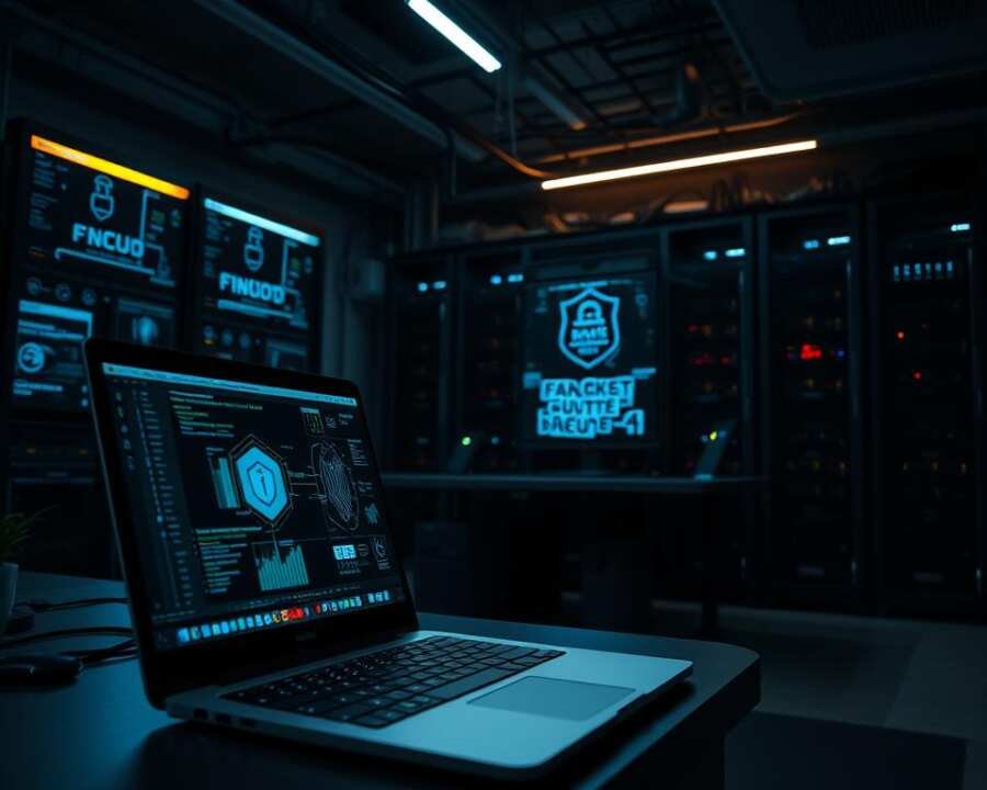 A dimly lit, high-tech cybersecurity lab. In the foreground, a laptop displays various security tools and data visualizations, casting a soft glow across the workspace. The middle ground features a sleek, modern desk with a keyboard, mouse, and a monitor displaying network diagrams and security protocols. In the background, towering server racks and complex cabling create an atmosphere of technological sophistication. Subtle ambient lighting illuminates the scene, emphasizing the importance of careful, ethical hacking practices as a means to strengthen digital security. The overall mood is one of precision, responsibility, and the pursuit of security excellence.