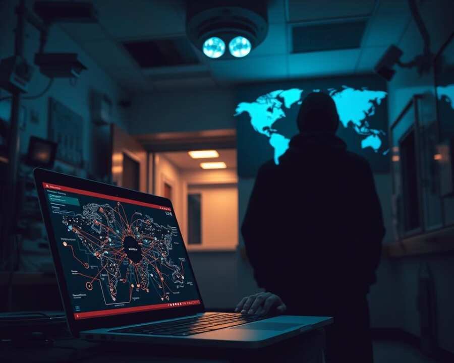 A dimly lit hospital room, the walls adorned with medical equipment and security cameras. In the foreground, a laptop displays a network diagram, exposing vulnerabilities in the healthcare organization's digital infrastructure. The middle ground features a shadowy figure, their face obscured, hands typing furiously on a keyboard. In the background, a world map illuminates, highlighting the global reach of the menuPass (Cicada) hacker group's cyber operations. The scene conveys a sense of unease, the threat of a sophisticated attack looming large over the healthcare industry. A dimly lit hospital room, the walls adorned with medical equipment and security cameras. In the foreground, a laptop displays a network diagram, exposing vulnerabilities in the healthcare organization's digital infrastructure. The middle ground features a shadowy figure, their face obscured, hands typing furiously on a keyboard. In the background, a world map illuminates, highlighting the global reach of the menuPass (Cicada) hacker group's cyber operations. The scene conveys a sense of unease, the threat of a sophisticated attack looming large over the healthcare industry.
