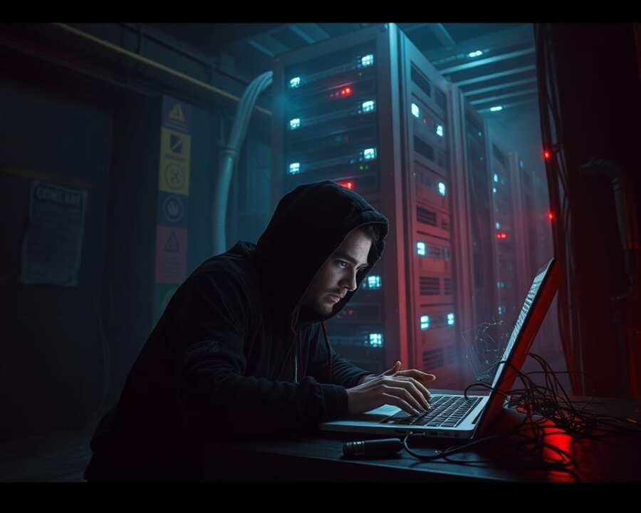 A dimly lit, industrial setting with a gritty, cyberpunk aesthetic. In the foreground, a shadowy figure sits hunched over a laptop, fingers darting across the keyboard as they navigate a complex web of digital exploits. Holographic displays flicker and glitch, casting an eerie glow on their face, while cables and circuit boards spill out from the device, hinting at its modified, edge-based nature. In the background, a towering server rack looms, its blinking lights and whirring fans evoking a sense of the hidden, technological underbelly of the modern world. The overall atmosphere is one of unease, danger, and the unseen threats that lurk in the shadows of the digital landscape.