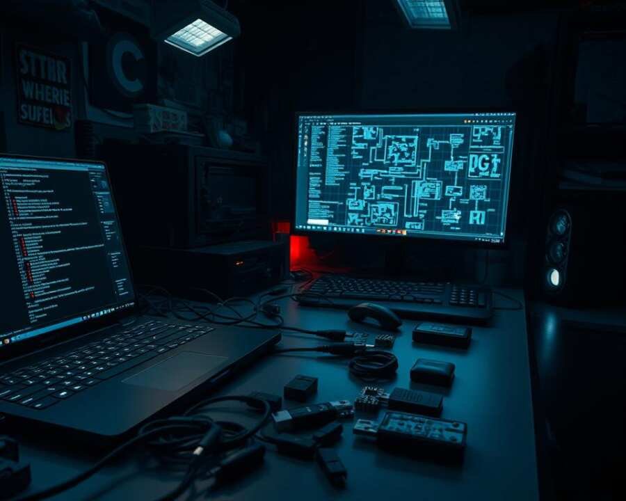 A dimly lit laboratory workbench, adorned with an array of specialized tools and devices. In the foreground, a laptop displays complex code and diagnostic screens, its glow casting a mysterious ambiance. Scattered across the surface, a collection of USB dongles, cables, and miniature circuit boards hint at the intricate nature of malware analysis. In the middle ground, a high-resolution display showcases a visual representation of a malware's inner workings, intricate graphs and flowcharts detailing its behavior. The background is shrouded in shadows, suggesting the clandestine and secretive nature of the work at hand. An air of seriousness and focused intensity pervades the scene, reflecting the critical importance of understanding and combating advanced cyber threats.