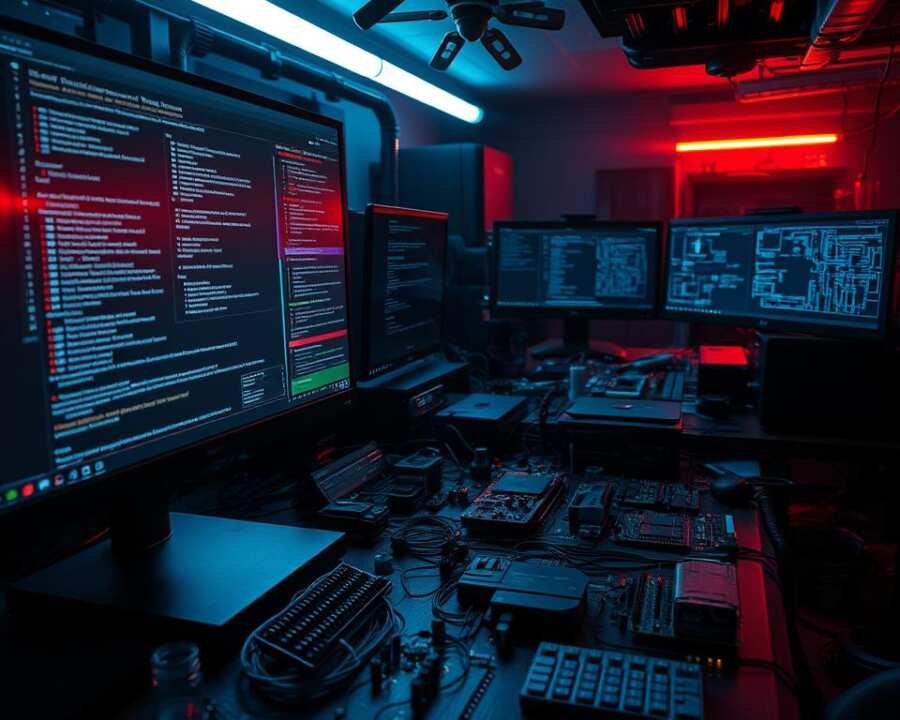 A dimly lit laboratory workspace, filled with an array of specialized cybersecurity tools and equipment. In the foreground, a high-resolution monitor displays a complex malware analysis interface, with lines of code, data visualizations, and intricate system schematics. The middle ground features an array of cutting-edge hardware components, including microcontrollers, networking devices, and reverse engineering tools, all meticulously organized on a cluttered workbench. The background is shrouded in shadows, suggesting the clandestine nature of the investigation, with only a faint glow of monitors and the occasional flicker of indicator lights. The overall atmosphere is one of intense focus, technical expertise, and a sense of uncovering the secrets of a formidable malware toolkit.