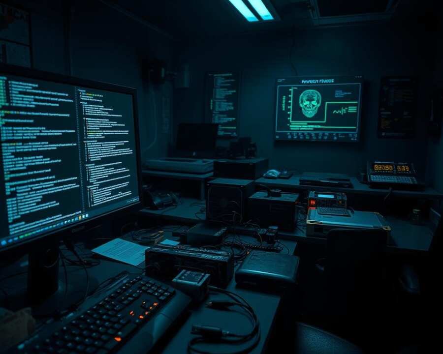A dimly lit laboratory workspace, with various cybersecurity tools and malware analysis equipment scattered across a cluttered desk. In the foreground, a computer monitor displays intricate code, lines of text, and graphs depicting data flows and anomalies. The middle ground features a selection of specialized hardware devices, including network sniffers, USB forensic kits, and security analysis platforms. The background is shrouded in shadow, hinting at the complex, interconnected nature of modern cyber threats. The overall atmosphere is one of intense focus and investigation, as a team of cybersecurity experts delve into the inner workings of malicious software to uncover its origins, capabilities, and potential impacts.