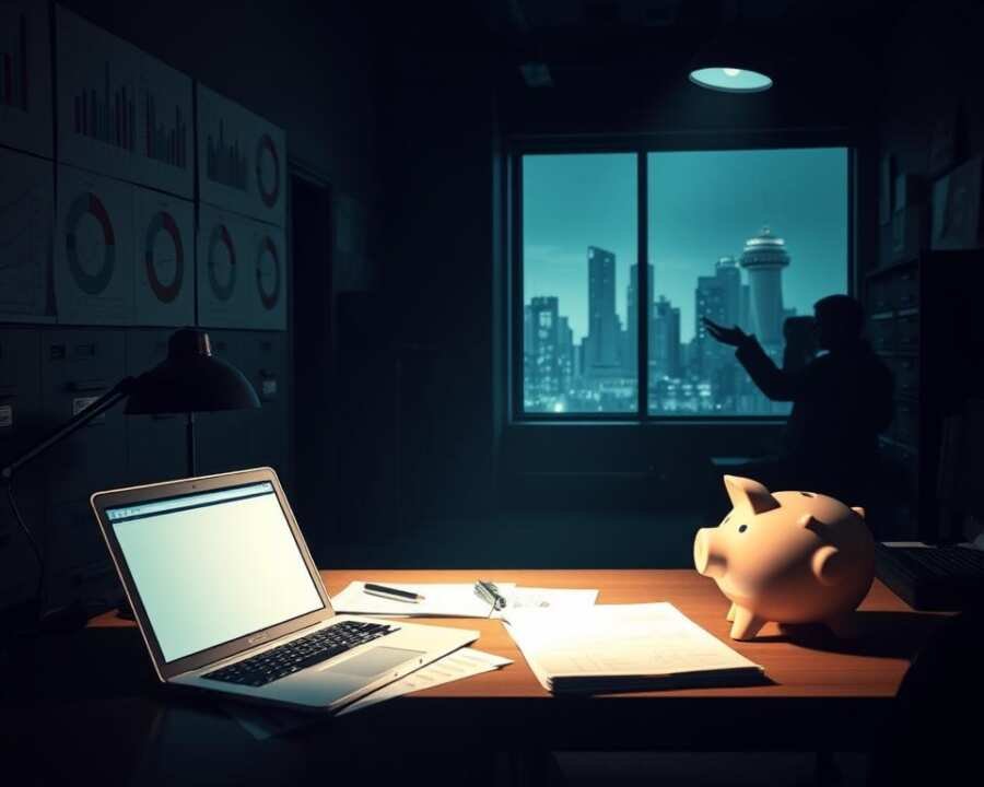 A dimly lit office interior, the walls adorned with charts and graphs depicting financial data. In the foreground, a desk with a laptop, financial documents, and a piggy bank - symbols of secure financial practices. Soft, directional lighting casts shadows, creating a sense of depth and focus. The middle ground features a cabinet with locked drawers, representing the safeguarding of sensitive information. In the background, a large window overlooks a cityscape, suggesting the need for financial vigilance in a complex, modern world. The overall mood is one of thoughtful caution, with a focus on the tools and strategies required for financial security.