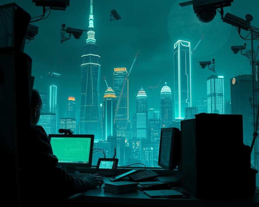 A dimly lit, retro-futuristic cyberpunk scene of China's past cyber espionage operations. In the foreground, a shadowy figure sits at a cluttered desk, surrounded by glowing screens and data streams. The middle ground reveals a cityscape of towering neon-lit skyscrapers, hinting at the scale and sophistication of the hacking network. In the background, a looming presence of surveillance cameras and satellite dishes suggests the ever-watchful eye of the state. The scene is bathed in a cool, blue-green palette, creating a sense of unease and mystery. The lighting is dramatic, with dramatic contrast between light and shadow, emphasizing the clandestine nature of the activities. The overall atmosphere is one of suspense, intrigue, and the uneasy balance of power between cyber actors. A dimly lit, retro-futuristic cyberpunk scene of China's past cyber espionage operations. In the foreground, a shadowy figure sits at a cluttered desk, surrounded by glowing screens and data streams. The middle ground reveals a cityscape of towering neon-lit skyscrapers, hinting at the scale and sophistication of the hacking network. In the background, a looming presence of surveillance cameras and satellite dishes suggests the ever-watchful eye of the state. The scene is bathed in a cool, blue-green palette, creating a sense of unease and mystery. The lighting is dramatic, with dramatic contrast between light and shadow, emphasizing the clandestine nature of the activities. The overall atmosphere is one of suspense, intrigue, and the uneasy balance of power between cyber actors.