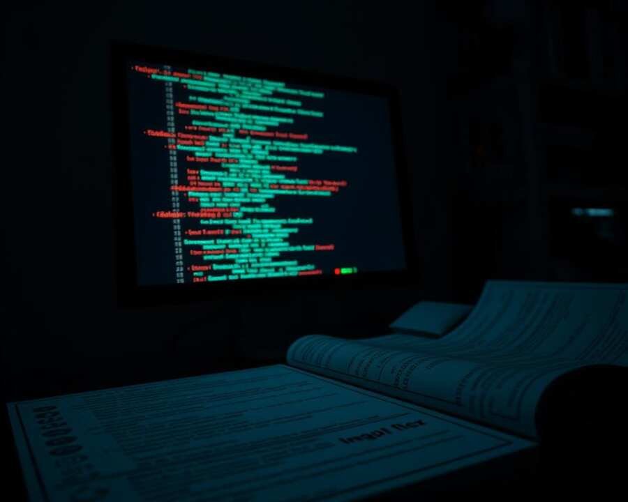 A dimly lit room, a computer screen casting an eerie glow. On the screen, lines of code, symbols, and cryptic data flicker and cascade, hinting at a complex web of digital intrusion. In the foreground, a series of evidence files - network logs, IP addresses, and digital signatures - meticulously organized and analyzed, revealing the telltale signs of Iranian state-sponsored cyber activity. The atmosphere is tense, the stakes high, as investigators piece together the digital breadcrumbs that link this attack to the Iranian regime's covert operations. The image conveys a sense of urgency, the relentless pursuit of truth amidst the shadows of cyberspace.