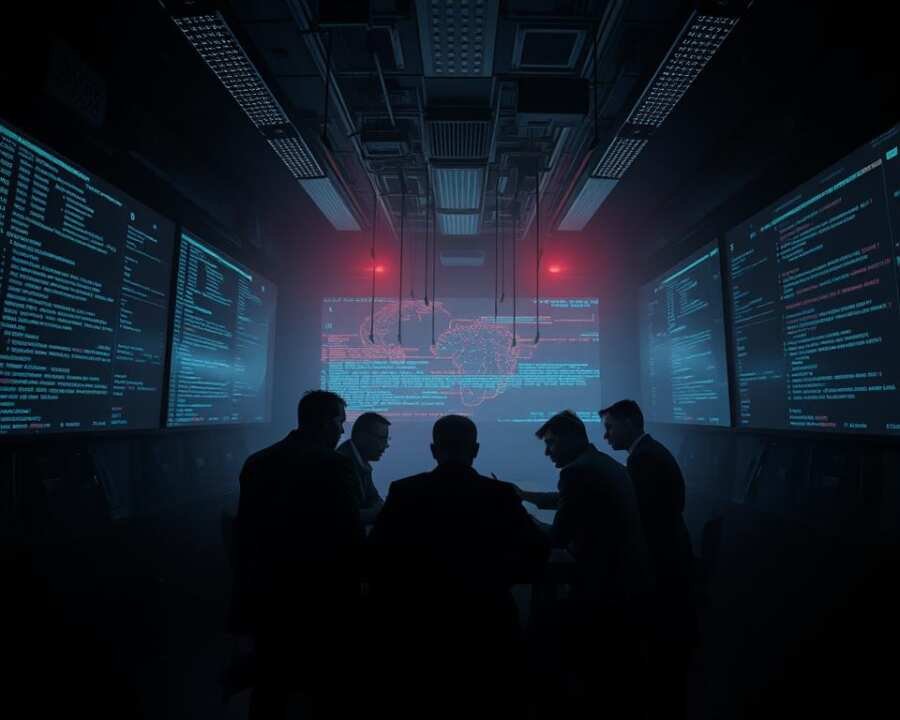 A dimly lit room, the walls adorned with screens displaying lines of code and cryptic symbols. In the center, a group of shadowy figures huddled around a table, their faces obscured by the dim lighting. The atmosphere is tense, an air of collaboration and conspiracy hanging thick in the air. The scene is captured with a cinematic, high-contrast aesthetic, the lighting highlighting the intensity of the moment. The camera angle is slightly elevated, giving a sense of power and control to the proceedings. The overall mood is one of secrecy, danger, and the sense that something sinister is unfolding.