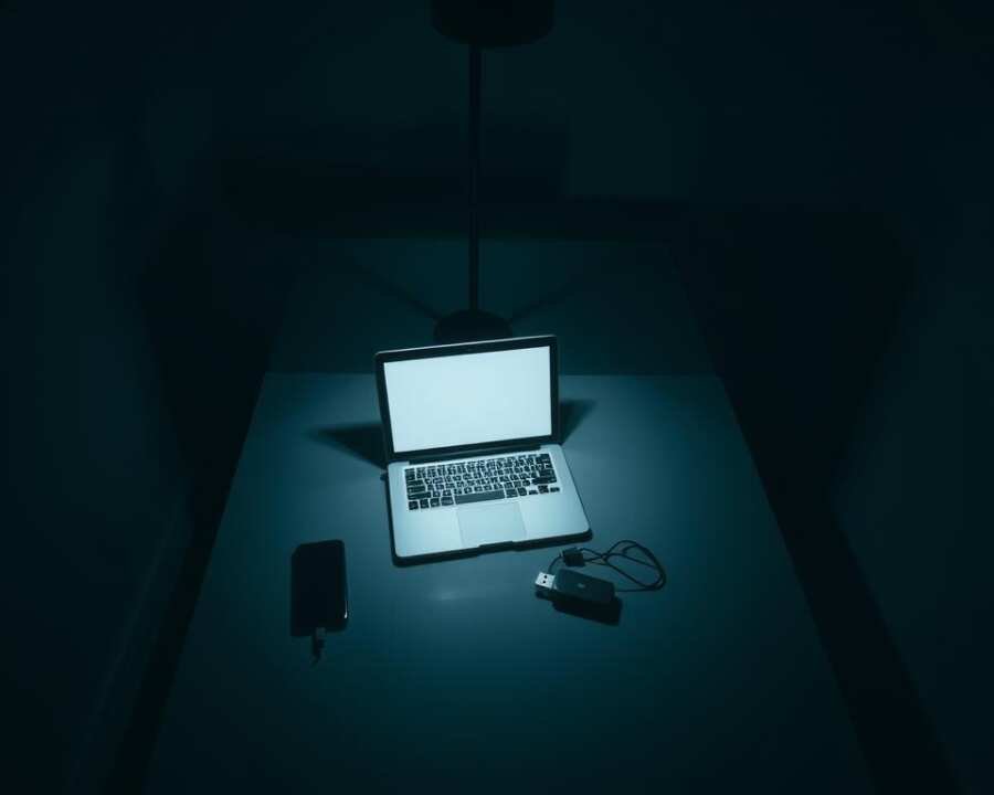 A dimly lit room with a single desk, casting long shadows across the walls. On the desk, various electronic devices - a laptop, a smartphone, and a USB drive - arranged in a strategic layout. The scene has a sense of intrigue and foreboding, conveying the covert nature of social engineering tactics. Soft, dramatic lighting illuminates the scene, creating an atmosphere of secrecy and mystery. The overall composition is balanced, with the electronic devices taking center stage, surrounded by a sense of ominous stillness. The angle is slightly elevated, giving the viewer a sense of observation, as if they are witnessing the preparation for a sophisticated cyber attack.