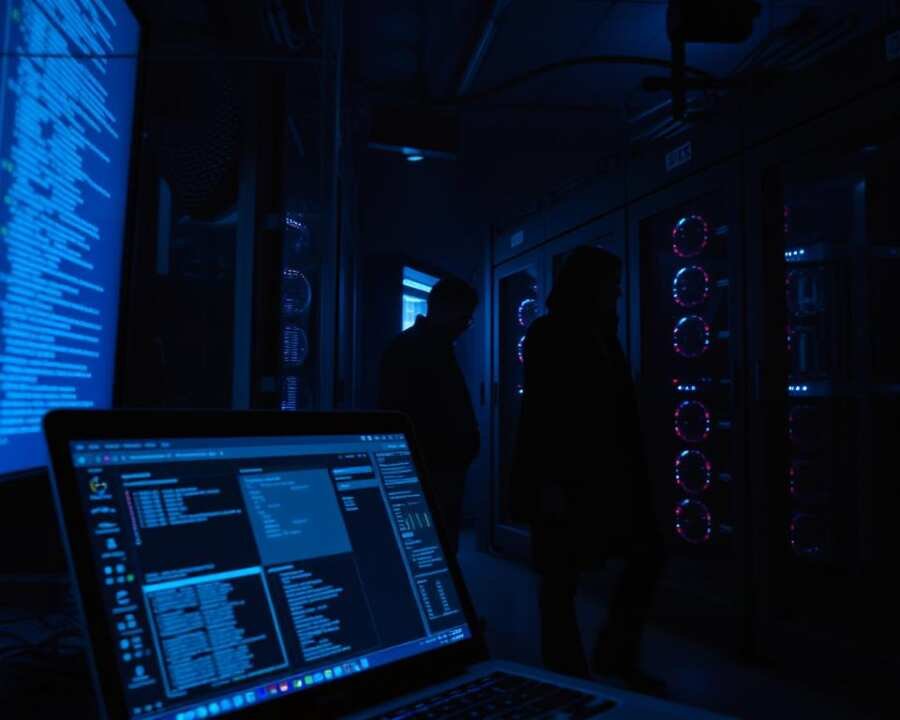 A dimly lit server room, the glow of screens casting an eerie blue light across the scene. In the foreground, a laptop displays a complex dashboard of network traffic and system logs, hinting at a cyber operation underway. Shadowy figures move behind a glass partition, their faces obscured, suggesting a team of analysts poring over the data. The background is filled with towering server racks and a tangle of cables, creating a sense of technological depth and complexity. The overall atmosphere is one of tension and focus, as if a critical cyber incident is unfolding and being investigated in real-time. A dimly lit server room, the glow of screens casting an eerie blue light across the scene. In the foreground, a laptop displays a complex dashboard of network traffic and system logs, hinting at a cyber operation underway. Shadowy figures move behind a glass partition, their faces obscured, suggesting a team of analysts poring over the data. The background is filled with towering server racks and a tangle of cables, creating a sense of technological depth and complexity. The overall atmosphere is one of tension and focus, as if a critical cyber incident is unfolding and being investigated in real-time.