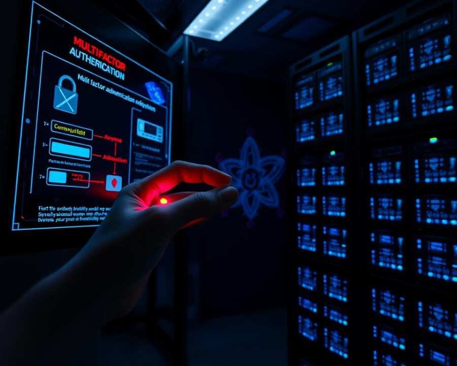 A dimly lit server room, with a large display panel showcasing a multi-factor authentication process. In the foreground, a human hand hovers over a security token, its LED indicator pulsing. The middle ground features a network diagram, its lines and nodes hinting at the complexity of the security infrastructure. In the background, a towering rack of servers, their blue indicator lights casting an eerie glow, symbolizing the ever-vigilant presence of the Dragonfly hacker group's potential targets. The scene conveys a sense of heightened security, the need for layered protection, and the constant battle against cyber threats.