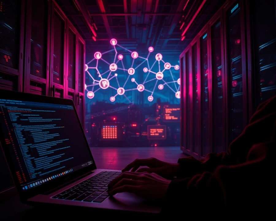 A dimly lit server room, with an ominous red glow casting eerie shadows. In the foreground, a hacker's hands rapidly typing on a laptop, lines of code scrolling across the screen. In the middle ground, a network diagram depicting interconnected systems, with glowing nodes and ominous-looking icons. In the background, a dark, foreboding landscape of digital infrastructure, with glimpses of corrupted data and cryptic symbols. The atmosphere is tense, the mood ominous, as the hacker deploys a sophisticated ransomware attack, infiltrating and taking control of the targeted systems.