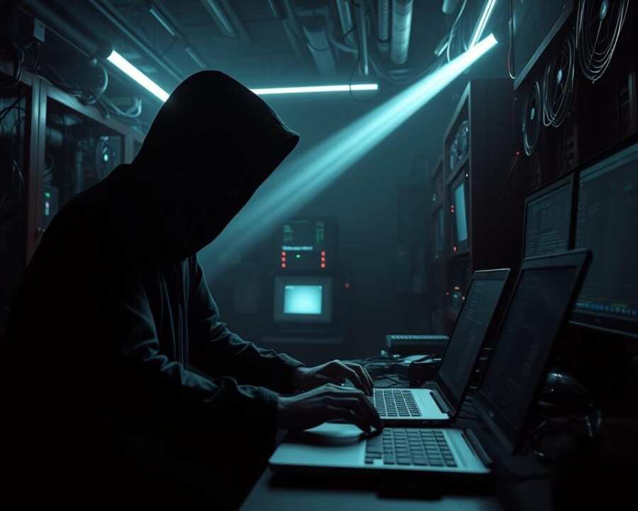 A dimly lit, shadowy laboratory where clandestine hacking activities unfold. In the foreground, a hooded figure crouches over a laptop, fingers dancing across the keyboard as they employ obfuscation techniques to mask their digital footprints. The background is a maze of cables, servers, and glowing monitors, creating an atmosphere of technological complexity and secrecy. Beams of light slice through the darkness, casting an ominous glow and lending an air of mystery to the scene. The overall mood is one of tension and unease, as the figure works to evade detection and maintain the anonymity of their activities.