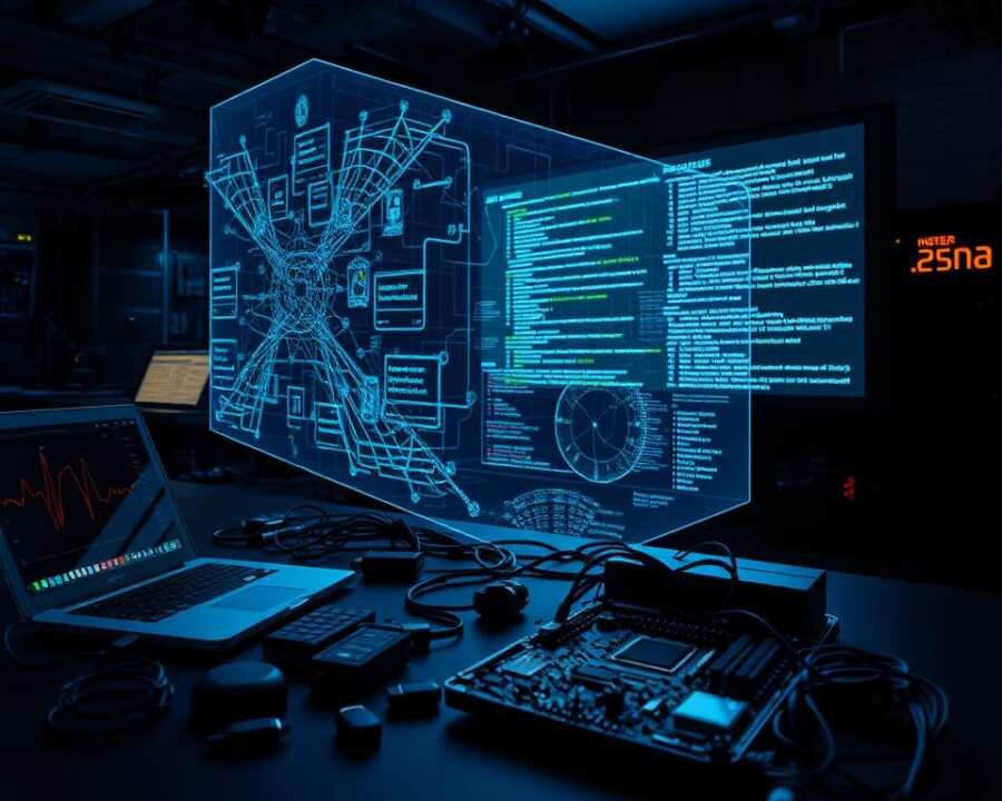 A dimly lit, technologically advanced laboratory setting. In the foreground, an array of specialized cybersecurity tools are meticulously arranged, including a laptop, USB drives, a network analyzer, and a disassembled motherboard. The middle ground showcases a holographic display, projecting intricate visualizations of network traffic patterns and malware signatures. In the background, a large screen displays complex code snippets and data logs, casting an eerie glow across the scene. The overall atmosphere conveys a sense of intense focus and analytical precision, as if delving into the heart of a sophisticated cyber threat. A dimly lit, technologically advanced laboratory setting. In the foreground, an array of specialized cybersecurity tools are meticulously arranged, including a laptop, USB drives, a network analyzer, and a disassembled motherboard. The middle ground showcases a holographic display, projecting intricate visualizations of network traffic patterns and malware signatures. In the background, a large screen displays complex code snippets and data logs, casting an eerie glow across the scene. The overall atmosphere conveys a sense of intense focus and analytical precision, as if delving into the heart of a sophisticated cyber threat.