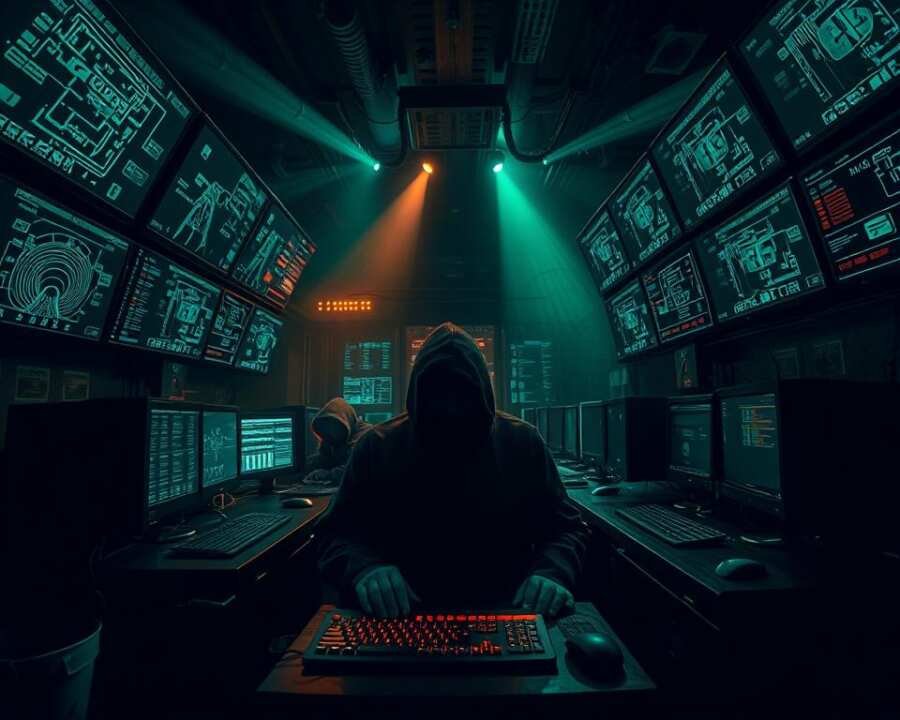 A dimly lit underground bunker, its walls adorned with screens displaying intricate schematics and real-time data feeds. In the center, a group of hooded figures hunched over keyboards, their faces obscured by the glow of their monitors. Cables and servers surround them, creating a labyrinth of digital infrastructure. The atmosphere is tense, the air heavy with the weight of their illicit activities. Shafts of green and amber light pierce the darkness, casting an eerie, ominous glow over the scene. The camera angle is low, emphasizing the power and authority of the clandestine network. A dimly lit underground bunker, its walls adorned with screens displaying intricate schematics and real-time data feeds. In the center, a group of hooded figures hunched over keyboards, their faces obscured by the glow of their monitors. Cables and servers surround them, creating a labyrinth of digital infrastructure. The atmosphere is tense, the air heavy with the weight of their illicit activities. Shafts of green and amber light pierce the darkness, casting an eerie, ominous glow over the scene. The camera angle is low, emphasizing the power and authority of the clandestine network.