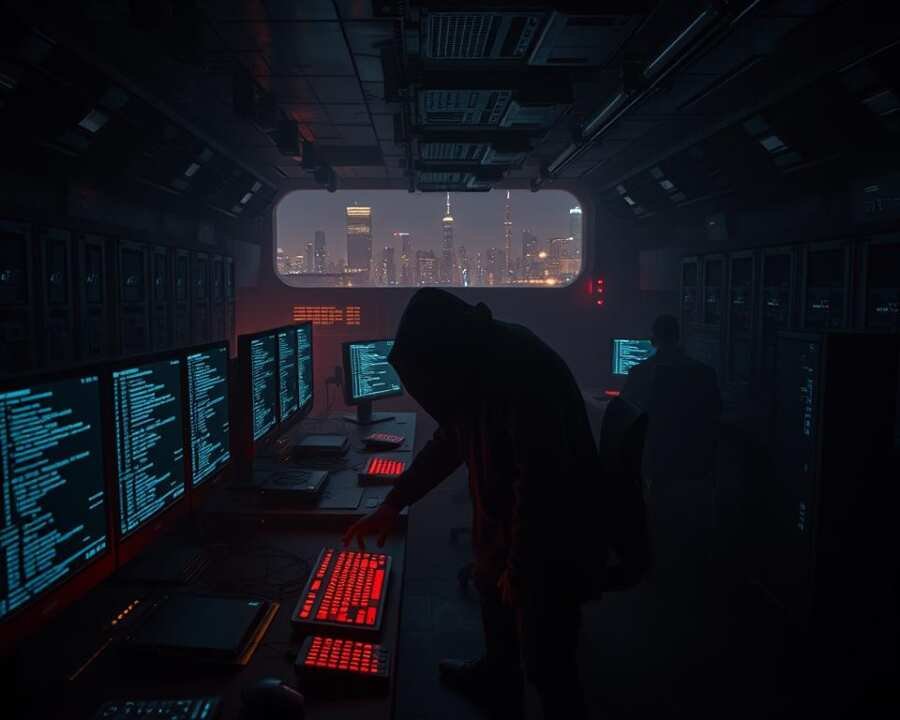 A dimly lit underground command center, filled with the glow of computer screens and the hum of servers. In the center, a shadowy figure hunches over a terminal, fingers dancing across the keyboard as lines of code cascade across the displays. Surrounding them, a team of skilled hackers, their faces obscured by the darkness, work in tense silence, the only sound the occasional click of a mouse or the beep of an alert. The air is thick with the sense of purpose and the weight of a clandestine operation. Through the windows, glimpses of a city skyline can be seen, a reminder of the world beyond this hidden lair. The scene conveys the origin and inner workings of a state-sponsored cyber threat group, a threat that looms ever larger in the digital age. A dimly lit underground command center, filled with the glow of computer screens and the hum of servers. In the center, a shadowy figure hunches over a terminal, fingers dancing across the keyboard as lines of code cascade across the displays. Surrounding them, a team of skilled hackers, their faces obscured by the darkness, work in tense silence, the only sound the occasional click of a mouse or the beep of an alert. The air is thick with the sense of purpose and the weight of a clandestine operation. Through the windows, glimpses of a city skyline can be seen, a reminder of the world beyond this hidden lair. The scene conveys the origin and inner workings of a state-sponsored cyber threat group, a threat that looms ever larger in the digital age.