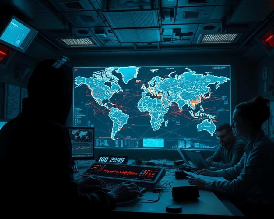 A dimly lit underground control room, illuminated by the glow of numerous holographic displays. In the foreground, a shadowy figure sits at a command console, hands poised over a keyboard, surrounded by an array of advanced surveillance equipment. The middle ground features a sprawling map of the world, with various hotspots pulsing with data streams and interconnected lines, hinting at a complex web of geopolitical connections and covert operations. In the background, a trio of analysts pore over intel reports, their expressions grave as they uncover the intricate motives driving international espionage. The atmosphere is tense, charged with a sense of high-stakes intrigue and the weight of global power dynamics.