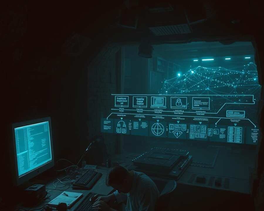 A dimly lit underground lair, illuminated by a lone computer screen casting an eerie glow. In the foreground, a shadowy figure sits hunched over a keyboard, fingers frantically typing. Scattered around the desk, various tools of the hacker's trade - a soldering iron, a circuit board, and a tangle of wires. In the middle ground, a series of holographic projections display a timeline of evolving extortion tactics, from simple phishing emails to complex ransomware attacks. In the background, a vast network of interconnected servers and data centers, representing the ever-expanding digital landscape that hackers exploit. The atmosphere is tense, foreboding, and the sense of a relentless, ever-adapting threat is palpable. A dimly lit underground lair, illuminated by a lone computer screen casting an eerie glow. In the foreground, a shadowy figure sits hunched over a keyboard, fingers frantically typing. Scattered around the desk, various tools of the hacker's trade - a soldering iron, a circuit board, and a tangle of wires. In the middle ground, a series of holographic projections display a timeline of evolving extortion tactics, from simple phishing emails to complex ransomware attacks. In the background, a vast network of interconnected servers and data centers, representing the ever-expanding digital landscape that hackers exploit. The atmosphere is tense, foreboding, and the sense of a relentless, ever-adapting threat is palpable.