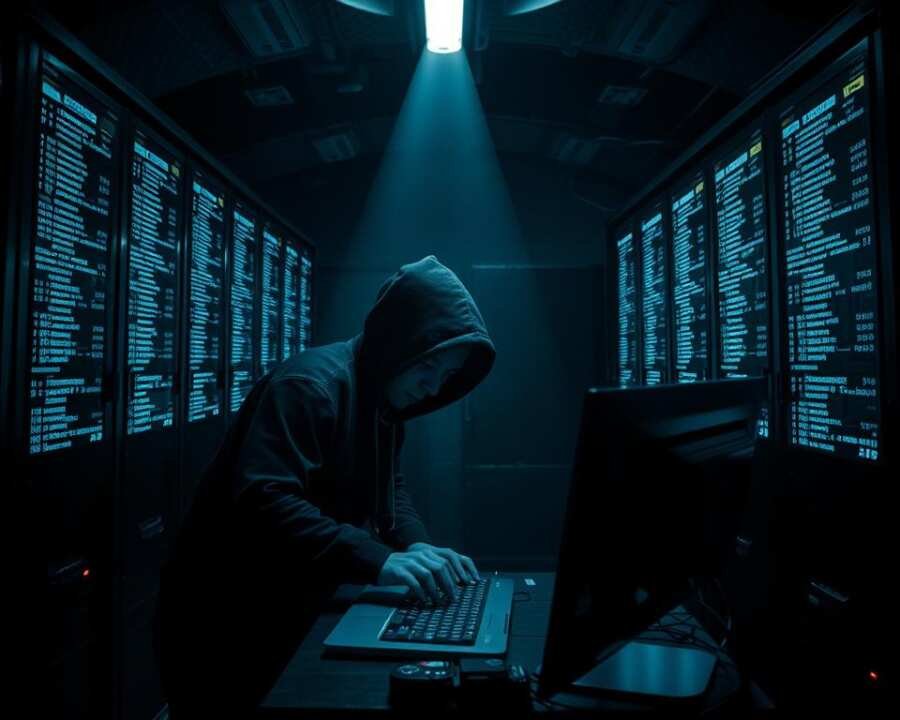 A dimly lit underground vault, the walls lined with servers humming softly. In the center, a figure clad in a dark hoodie hunches over a computer, fingers flying across the keyboard. Holographic displays flicker with lines of code, obscuring the flow of cryptocurrency transactions. The atmosphere is tense, the air thick with the weight of illicit activities. Shadows cast by the bright screens create a sense of unease, as if the room itself is a labyrinth, concealing the true nature of the Lazarus Group's operations. A single beam of light cuts through the gloom, casting an ominous glow on the scene, a testament to the complexity and secrecy of cryptocurrency laundering techniques.