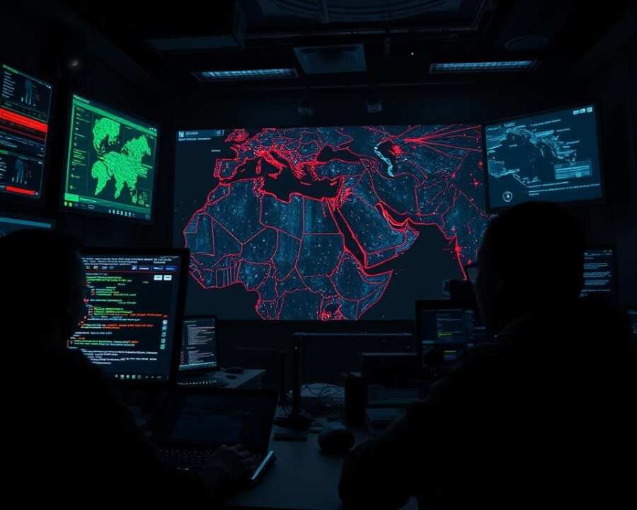 A dimly lit war room, illuminated by the glow of multiple computer screens displaying intricate cyber attack maps, surveillance data, and hacking tools. In the foreground, a team of cybersecurity experts, their faces etched with concentration, navigate a complex network of digital threats. The middle ground reveals a 3D projection of the Middle East region, pulsing with lines of code and data visualizations, hinting at the scale and sophistication of the ongoing cyber campaign. The background is shrouded in a sense of mystery and unease, as if the very fabric of the digital landscape is being manipulated by unseen forces. The scene conveys a tense, high-stakes atmosphere, reflecting the gravity of the Molerats' recent attacks and the ongoing struggle to defend against their advanced tactics.