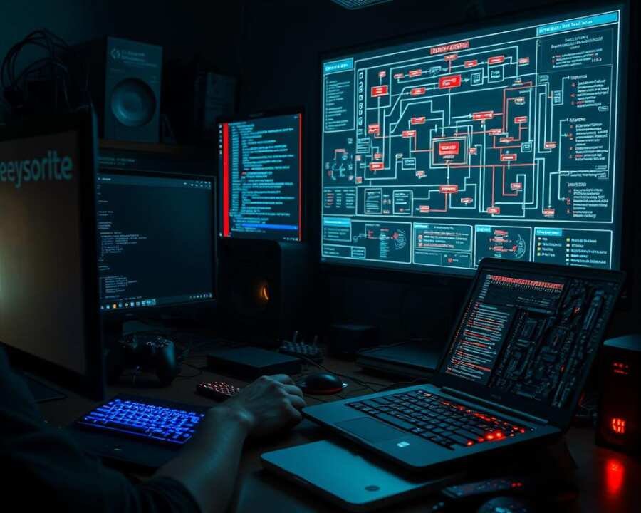 A dimly lit workstation, the glow of multiple screens casting an eerie light on the analyst's face. On the desk, an array of custom tools and hardware - forensic kits, network sniffers, and a disassembled laptop revealing its inner circuitry. In the background, a schematic diagram of a malware's control flow unfurls, its intricate connections and obfuscation techniques meticulously analyzed. The atmosphere is tense, the air thick with the focus and determination of the cybersecurity expert delving into the depths of the adversary's arsenal, uncovering the secrets that will help defend against their next attack. A dimly lit workstation, the glow of multiple screens casting an eerie light on the analyst's face. On the desk, an array of custom tools and hardware - forensic kits, network sniffers, and a disassembled laptop revealing its inner circuitry. In the background, a schematic diagram of a malware's control flow unfurls, its intricate connections and obfuscation techniques meticulously analyzed. The atmosphere is tense, the air thick with the focus and determination of the cybersecurity expert delving into the depths of the adversary's arsenal, uncovering the secrets that will help defend against their next attack.