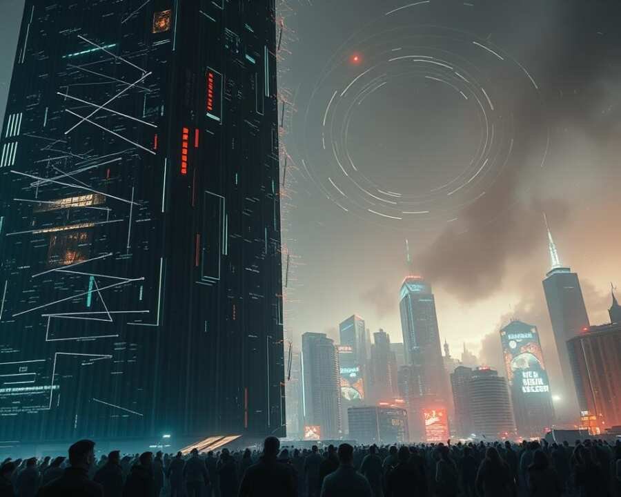A dramatic, large-scale cyber attack unfolding in a futuristic metropolis. In the foreground, a skyscraper's facade is disrupted by glitching digital artifacts, its windows flickering with digital interference. Swirling data streams and holographic projections fill the air, casting an ominous, neon-tinged glow over the scene. In the middle ground, a crowd of panicked onlookers gaze upward, their faces illuminated by the eerie digital distortions. In the background, the sprawling cityscape is shrouded in a hazy digital haze, with towering buildings and infrastructure seemingly compromised by the ongoing attack. Crisp, high-definition photorealistic rendering with a cinematic, dramatic lighting setup.