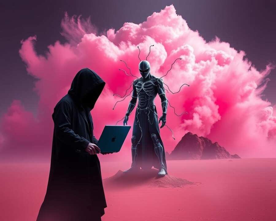 A dramatic scene depicting the evolution of the Iranian hacker group Agrius, also known as Pink Sandstorm. In the foreground, a shadowy figure symbolizing the group's origins in espionage and subterfuge, cloaked in a dark hooded robe and wielding a glowing laptop. In the middle ground, the figure transforms, cybernetic enhancements emerging as they embrace a more destructive path, digital tendrils snaking outward. The background is a storm-swept landscape, clouds of pink sand swirling ominously, hinting at the group's increased aggression and impact. Dramatic lighting casts sharp contrasts, emphasizing the duality of Agrius's journey from stealth to devastation.