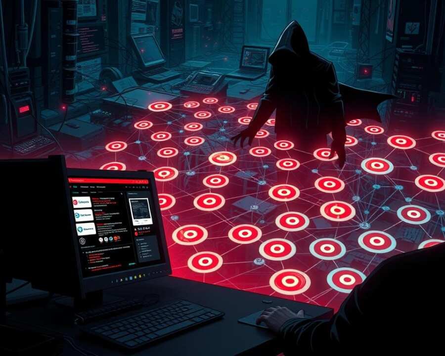A dynamic digital illustration depicting the intricate web of attack vectors employed in spear-phishing campaigns. In the foreground, a stylized hacker's terminal displays various exploit tools and techniques, including phishing emails, compromised websites, and social engineering tactics. The middle ground showcases a sprawling network of digital devices, each vulnerable entry point represented by a glowing target. In the background, a shadowy figure looms, orchestrating the coordinated assault, the ominous atmosphere heightened by dramatic chiaroscuro lighting and a deep, moody color palette. The composition conveys the strategic complexity and multifaceted nature of modern spear-phishing attacks, a critical component of the Gamaredon Group's sophisticated offensive capabilities.