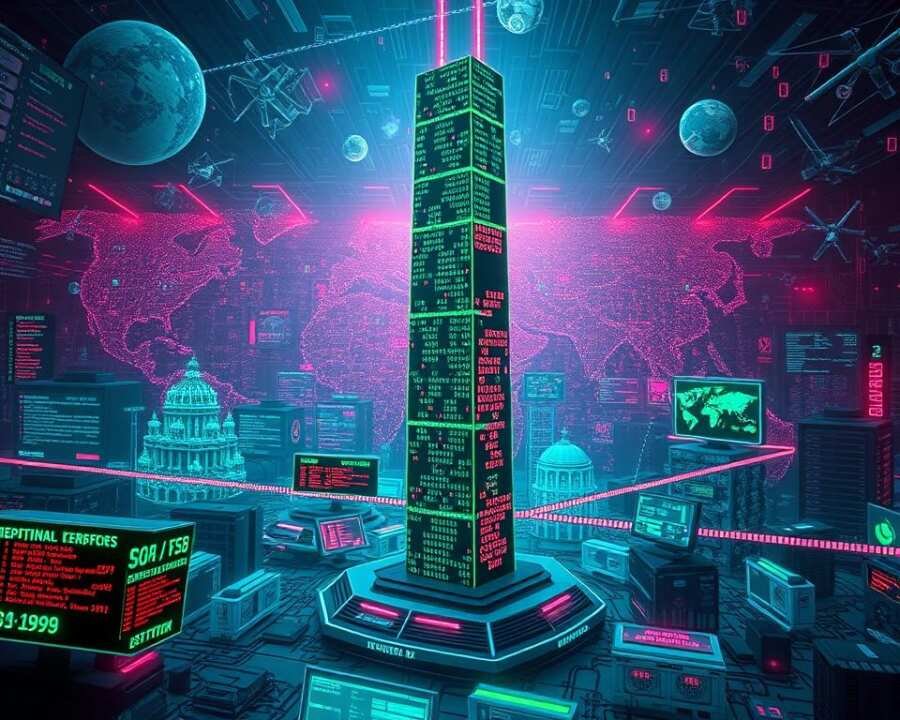 A dynamic, three-dimensional timeline depicting the evolution of the Machete hacker group's (APT-C-43) cyber attack history, set against a futuristic, neon-tinged cyberpunk landscape. In the foreground, a series of holographic data visualizations illustrate key attack vectors, malware signatures, and geopolitical targets over the years. The middle ground features a towering, holographic tower of binary code and glitching screens, symbolizing the group's technological prowess and the cascading impact of their assaults. In the background, a vast, interconnected network of servers, satellites, and digital infrastructure forms an ominous backdrop, hinting at the global scale and sophistication of Machete's operations. Dramatic lighting, cinematic camera angles, and a moody, electric color palette imbue the scene with a sense of urgency and impending cyber chaos.