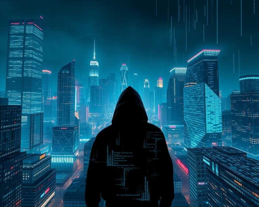A futuristic cityscape at night, with neon-lit skyscrapers and a sense of urban dynamism. In the foreground, a digital landscape of data streams, glowing graphs, and scrolling code, representing the complex web of online financial transactions. Amid this digital tapestry, a shadowy figure emerges, their face obscured, symbolizing the stealthy tactics of the SilverTerrier hacker group as they orchestrate sophisticated Business Email Compromise attacks. The scene conveys a mood of technological advancement, financial vulnerability, and the ever-evolving threat of cybercrime in the year 2025.