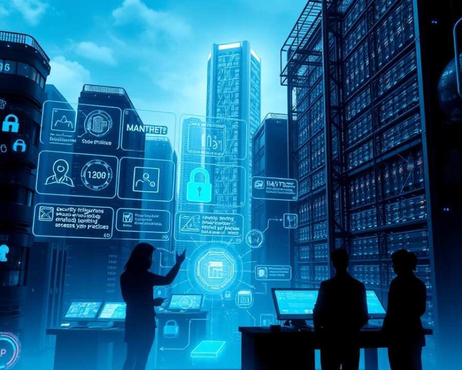 A futuristic cityscape bathed in a cool, blue-tinted lighting, featuring high-rise buildings with intricate cybersecurity infrastructure. In the foreground, a holographic display showcases various security protocols and best practices, such as firewall configurations, encryption algorithms, and access control mechanisms. In the middle ground, silhouettes of security experts analyze data streams and monitor threat levels on sleek, futuristic interfaces. The background is dominated by a towering data center, its servers glowing with an ethereal energy, symbolizing the backbone of modern cybersecurity.