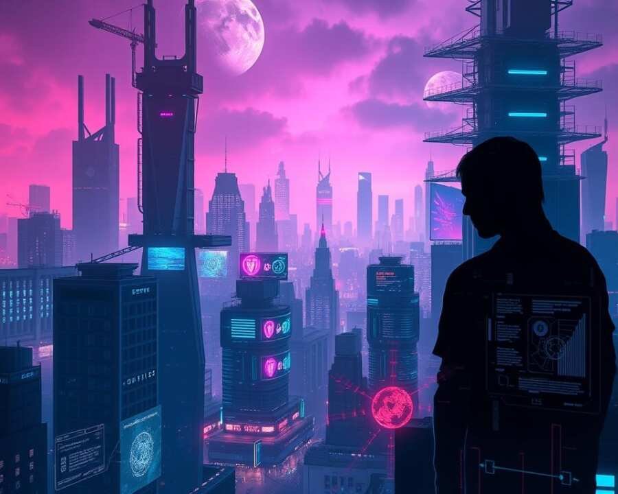 A futuristic cityscape bathed in a neon glow, towering cyber-security infrastructure crisscrossing the skyline. In the foreground, ominous digital silhouettes loom, hinting at the emerging cyber threats of 2025. Holographic data streams and glitching interfaces suggest the complexity and volatility of the digital landscape. The scene exudes a sense of unease, as if the viewer is witnessing the calm before the storm of a looming cyber crisis. Sleek, angular forms and a moody, atmospheric lighting create a palpable tension, capturing the gravity of the "Broader Cyber Threat Trends for 2025."
