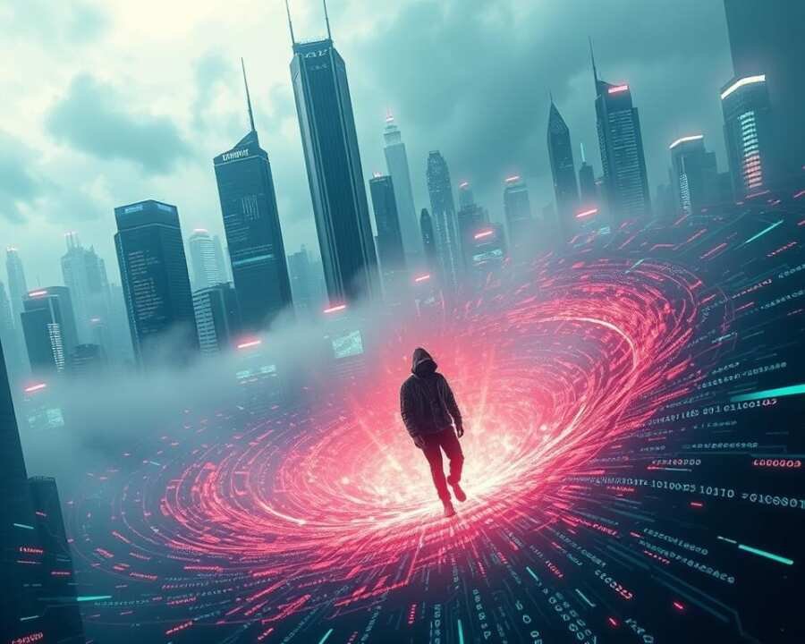 A futuristic cityscape shrouded in a digital haze, its towering skyscrapers adorned with pulsing neon circuits. In the foreground, a swirling vortex of binary code and glitching data streams, symbolizing the ever-evolving nature of cyber threats. Amidst the chaos, a lone figure, a skilled hacker, their face obscured by a sleek, high-tech visor, navigating the digital landscape with precision and determination. The scene is bathed in a cool, ominous glow, with subtle shadows and highlights that enhance the sense of depth and dynamism. The overall mood is one of technological advancement, digital vulnerability, and the relentless progression of cyber-based threats.