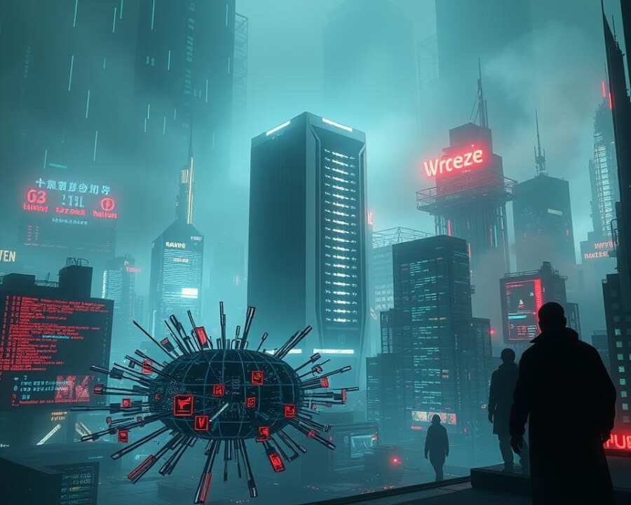 A futuristic cityscape shrouded in digital haze, illuminated by the flickering glow of holographic displays and neon-lit interfaces. In the foreground, a cluster of abstract data streams and encrypted code fragments swirl and converge, representing the intricate techniques of the North Korean Andariel hacker group. The middle ground features a towering, angular data center, its servers humming with the energy of a cyber attack in progress. In the background, the silhouettes of shadowy figures, their movements cloaked by the cyberpunk atmosphere, symbolize the stealthy nature of the group's operations. The overall scene conveys a sense of technological sophistication, strategic precision, and the relentless pursuit of digital dominance.