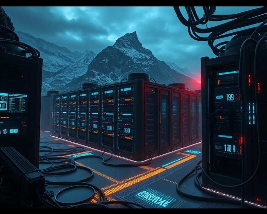 A futuristic data center nestled in a mountainous, remote landscape. The server racks cast an eerie glow, their cables snaking across the floor like tentacles. Holographic interfaces flicker with encrypted data streams, guarded by cutting-edge security protocols. In the shadows, advanced intrusion detection systems monitor the perimeter, ready to deploy countermeasures at the first sign of a breach. The atmosphere is tense, with an air of mystery and high-stakes secrecy surrounding this covert infrastructure designed to evade detection. A wide-angle lens captures the scale and complexity of this fortified nerve center, a testament to the ingenuity of those who seek to remain hidden in plain sight.