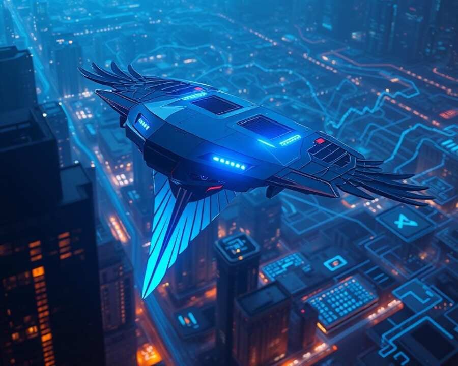 A futuristic falcon-shaped security appliance hovers above a darkened cityscape, its sleek chassis bathed in a soft blue glow. Intricate sensor arrays and glowing vents adorn its surface, hinting at its advanced threat detection capabilities. In the background, a complex digital landscape of overlapping data streams and wire-frame structures suggests the intricate workings of a next-generation SIEM (Security Information and Event Management) system, poised to identify and neutralize emerging cyber threats. The scene conveys a sense of technological prowess, vigilance, and the relentless evolution of cybersecurity in the face of emerging dangers. A futuristic falcon-shaped security appliance hovers above a darkened cityscape, its sleek chassis bathed in a soft blue glow. Intricate sensor arrays and glowing vents adorn its surface, hinting at its advanced threat detection capabilities. In the background, a complex digital landscape of overlapping data streams and wire-frame structures suggests the intricate workings of a next-generation SIEM (Security Information and Event Management) system, poised to identify and neutralize emerging cyber threats. The scene conveys a sense of technological prowess, vigilance, and the relentless evolution of cybersecurity in the face of emerging dangers.
