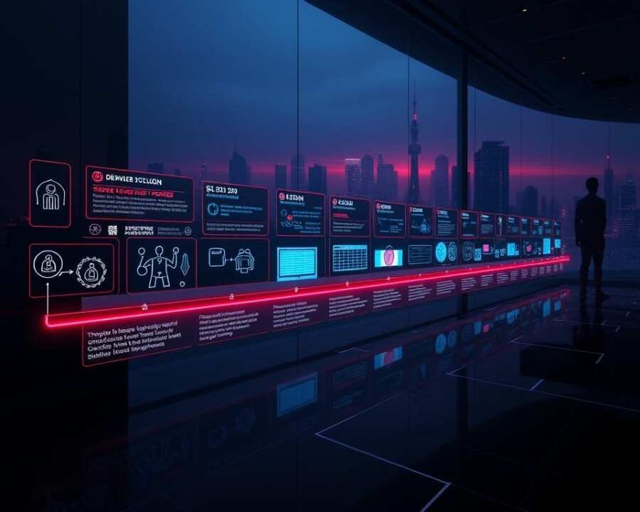A futuristic timeline of the Darkhotel hacker group's operations, depicted as a sleek, minimalist infographic. In the foreground, a series of holographic icons and data visualizations represent key events and attacks, glowing with an ominous, neon-tinged palette. The middle ground features a 3D wireframe model of a luxurious hotel interior, casting long shadows and reflecting the glow of the timeline elements. In the background, a shadowy, high-tech cityscape recedes into the distance, hinting at the global reach and sophisticated nature of the Darkhotel group's activities. The overall atmosphere conveys a sense of technological prowess, strategic planning, and the relentless march of cybercrime.
