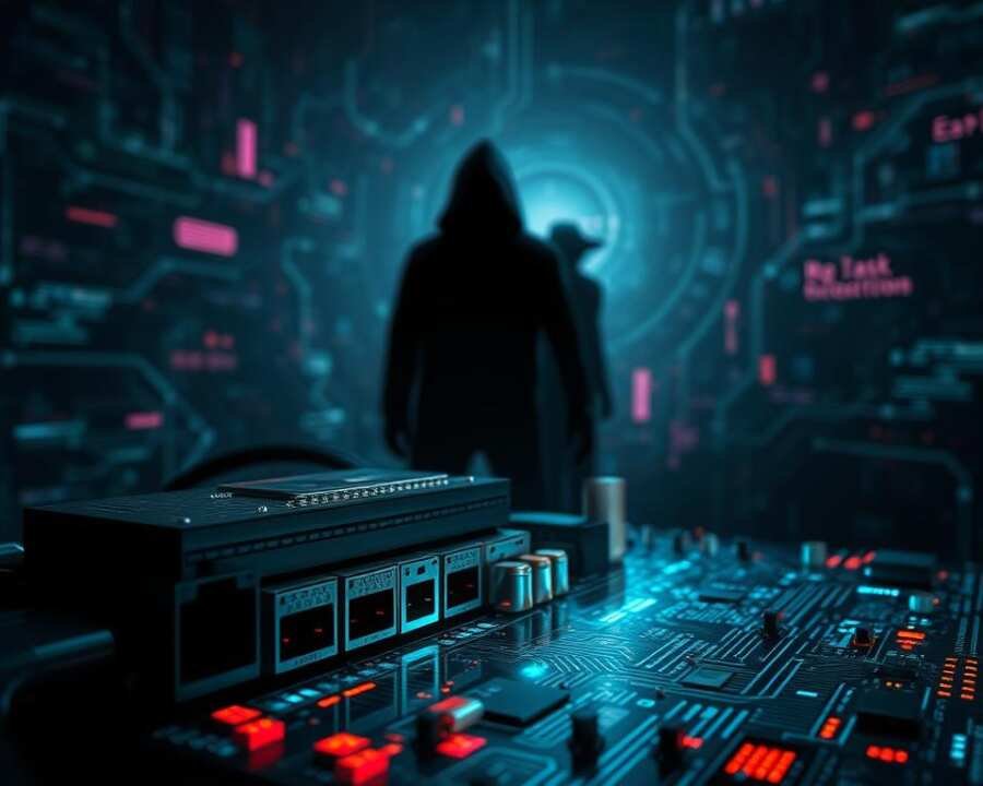 A glowing circuit board against a dark, foreboding backdrop. In the foreground, a series of vulnerable ports and interfaces, their exposed connections pulsing with digital energy. In the middle ground, shadowy figures lurk, their silhouettes suggesting the presence of nefarious hackers. The background is a swirling digital landscape, filled with glitching code and the ominous glow of data streams. The lighting is dramatic, with harsh shadows and highlights that convey a sense of unease and danger. The overall mood is one of technological vulnerability, where the power of the digital world is both alluring and treacherous.