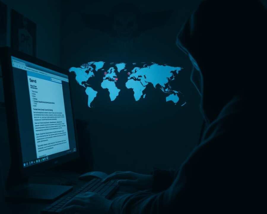 A grim, shadowy scene of a spearphishing campaign in action. In the foreground, a hacker's computer screen displays a meticulously crafted phishing email, the cursor hovering over the "Send" button. The room is dimly lit, casting a sinister atmosphere, with the hacker's face obscured in shadows. In the middle ground, a world map on the wall highlights the global reach of the attack, pins marking the targets. The background depicts a looming, ominous presence, a symbolic representation of the hacking group's growing influence and the escalating threat of targeted cyber assaults.